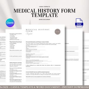 Könnte beinhalten: Eine Reihe weißer Vorlagen für medizinische Anamnesen mit dem Text "MEDICAL HISTORY FORM TEMPLATE" und "WORD DOCUMENT". Die Formulare enthalten Abschnitte für persönliche Informationen, medizinische Vorgeschichte und aktuelle Gesundheitsprobleme. Ein Canva-Logo und ein DOC-Symbol sind ebenfalls sichtbar.