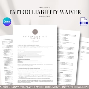 Tattoo Liability Waiver and Client Consent Form Template for Professional Tattoo Studios and Independent Artists, Editable in Canva and Word
