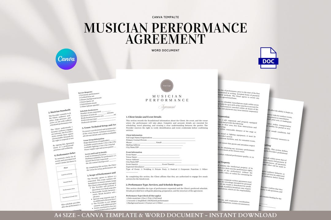 Musician Performance Agreement and Live Event Contract Template for