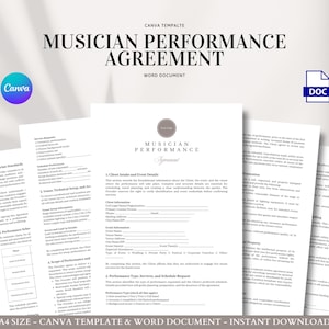 Musiker Leistungsvereinbarung und Live Event Vertragsvorlage für Bands, DJs und Solokünstler, bearbeitbar in Word und Canva