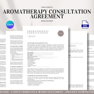 Könnte beinhalten: Eine Reihe weißer Papierdokumente mit der Aufschrift "AROMATHERAPY CONSULTATION AGREEMENT" mit den Canva- und DOC-Logos. Die Dokumente sind auf einem hellgrauen Hintergrund angeordnet. Der Text enthält "A4 SIZE - CANVA TEMPLATE & WORD DOCUMENT - INSTANT DOWNLOAD".