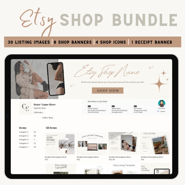 Etsy Shop Branding Kit: Customizable Canva Banners, Logos, Receipt & Listing Templates – White and Gold Aesthetic