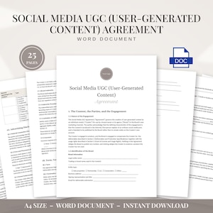 Op de afbeelding: Een digitaal documentsjabloon getiteld Social Media UGC (User-Generated Content) Agreement, gepresenteerd als een stapel A4-pagina's. Het document bevat secties voor merkinformatie, juridische voorwaarden en selectievakjes, met een icoon voor 25 pagina's.