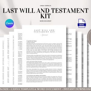 May include: A stack of documents titled "Last Will and Testament Kit" with the Canva and DOC logos. The documents are white with black text, and the image includes a circular graphic that says "35 pages".