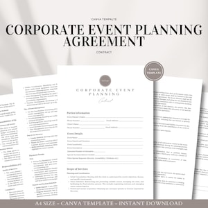 May include: A black and white printable corporate event planning agreement template. The template includes sections for parties information, event details, scope of services, and payment terms. The template is designed for use with Canva.