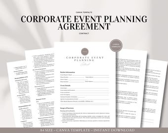 May include: A black and white printable corporate event planning agreement template. The template includes sections for parties information, event details, scope of services, and payment terms. The template is designed for use with Canva.