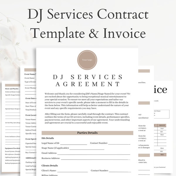 Professioneller DJ Service Vertrag Vorlage - Canva Anpassbare Vereinbarung - Digitaler Download
