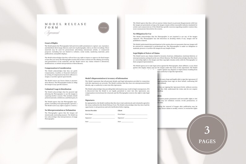 Model Release Form Template Editable Photography Consent and Usage Agreement for Commercial, Portrait, and Content Creators image 3