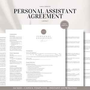 May include: A printable personal assistant agreement contract template in a light grey colour scheme. The text on the page reads "Personal Assistant Agreement" and "Contract".