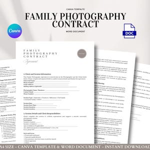 Plantilla de acuerdo de fotografía familiar para sesiones de retratos, derechos de imagen, política de pago, comportamiento de la sesión y términos de derechos de autor.