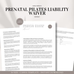 May include: A printable prenatal pilates liability waiver contract template in a light gray and white color scheme. The text includes "Prenatal Pilates Liability Waiver" and "Contract".