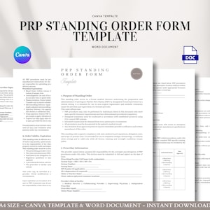 Op de afbeelding: Een sjabloon voor een PRP Standing Order Form, een Word-document dat direct kan worden gedownload. Het ontwerp toont de tekst "PRP STANDING ORDER FORM TEMPLATE" en de Canva- en DOC-logo's in een overzichtelijke lay-out.