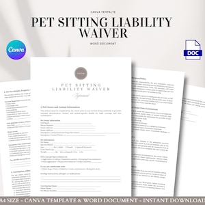 Pet Sitting Liability Waiver Template for Dog and Cat Care, Editable Client Consent and Emergency Authorization Form