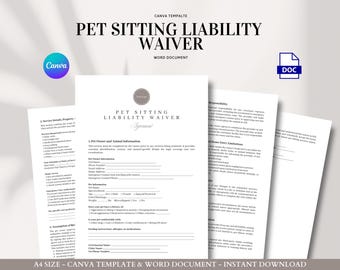 Plantilla de exención de responsabilidad para el cuidado de mascotas (perros y gatos), formulario editable de consentimiento del cliente y autorización de emergencia.