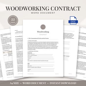 May include: A 22-page woodworking contract template in a Word document format. The document features black text on white paper, including sections for parties, project details, and signatures. The layout is professional, clean, and A4 size.