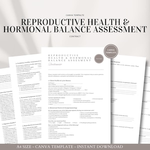 May include: A printable worksheet titled "Reproductive Health & Hormonal Balance Assessment" with a Canva template logo. The worksheet is designed to help assess reproductive health and hormonal balance.