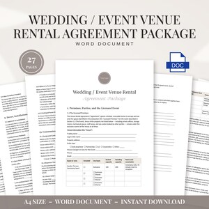 May include: A 27-page wedding and event venue rental agreement package in a Word document format. The document features black text on white paper, including sections for premises, parties, and event details, with an A4 size designation.