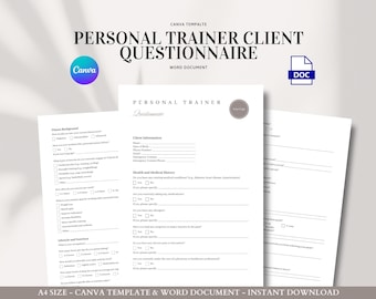 Personal Trainer Client Questionnaire Editable Fitness Intake Form for Goals Health History Nutrition Habits and Exercise Preferences