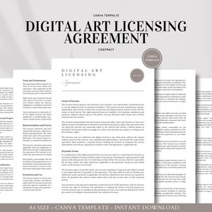 Op de afbeelding: Een sjabloon voor een digitale kunstlicentieovereenkomst in zwart-wit op een witte achtergrond. Het document bevat secties voor voorwaarden en beëindiging, intellectueel eigendom, verklaringen en garanties, betalingsvoorwaarden en meer. Het document is getiteld "Digital Art Licensing Agreement" en "Contract".