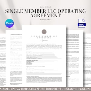 May include: A document titled "Single Member LLC Operating Agreement" with the Canva and DOC logos. The document is a template for a legal agreement, with text in black font on a white background. The words "A4 SIZE - CANVA TEMPLATE & WORD DOCUMENT - INSTANT DOWNLOAD" are at the bottom.