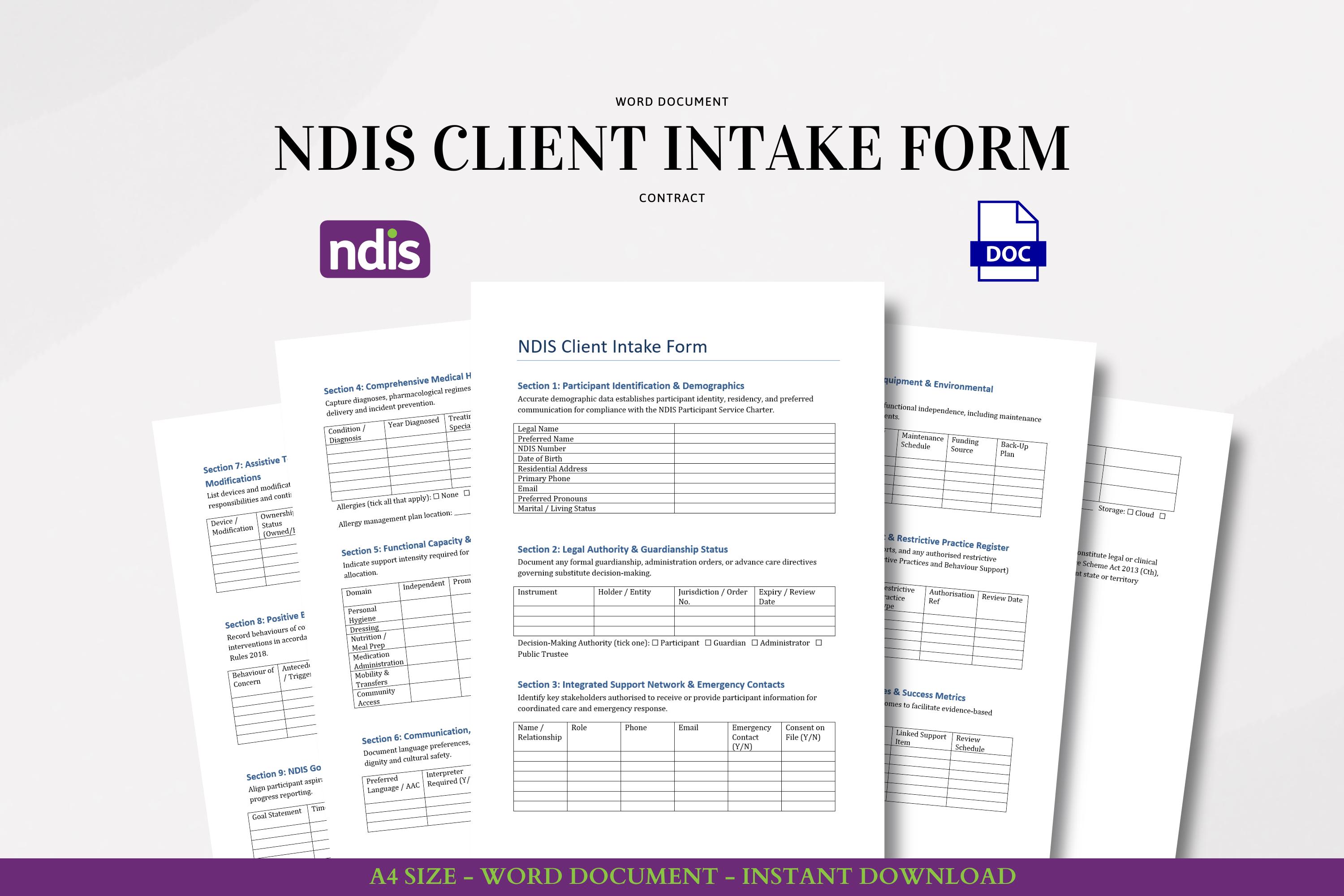NDIS Client Intake Form Word Document for Participant Risk Consent Medical History Support Network Funding Plan Access