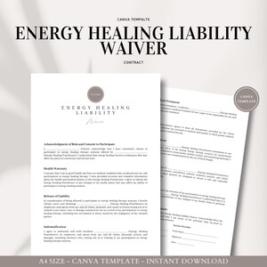 Könnte beinhalten: Ein schwarz-weißes druckbares Dokument mit dem Titel "Energy Healing Liability Waiver" und dem Text "Acknowledgement of Risk and Consent to Participate", "Health Warranty", "Release of Liability" und "Indemnification".