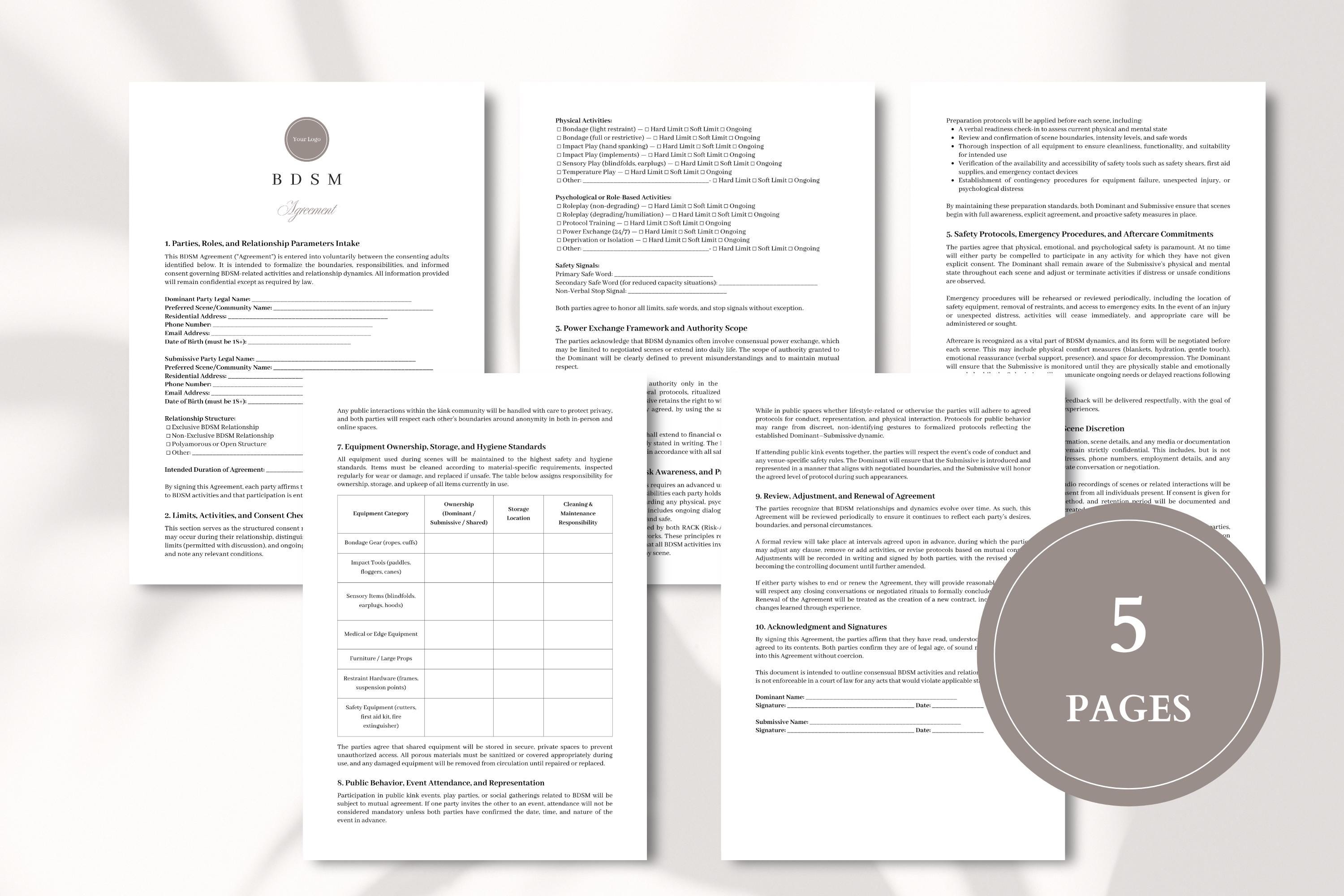 BDSM Contract Template for Dominant and Submissive Relationship