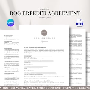 Dog Breeder Agreement Contract Template for Puppy Sales, Health Guarantees, and Buyer Responsibilities, Editable in Word and Canva