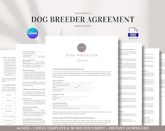 Dog Breeder Agreement Contract Template for Puppy Sales, Health Guarantees, and Buyer Responsibilities, Editable in Word and Canva