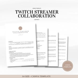 May include: A black and white document titled "Twitch Streamer Collaboration Contract" with a brown circle logo. The document is a Canva template and is formatted for A4 size.