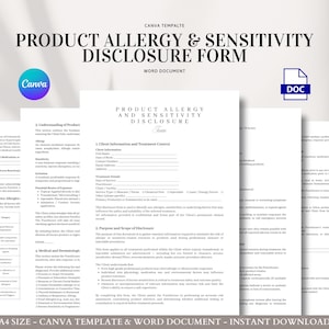Könnte beinhalten: Mehrere weiße Papierdokumente mit dem Text "PRODUCT ALLERGY & SENSITIVITY DISCLOSURE FORM". Die Dokumente enthalten die Canva- und DOC-Logos. Der Text "A4 SIZE - CANVA TEMPLATE & WORD DOCUMENT - INSTANT DOWNLOAD" steht unten.