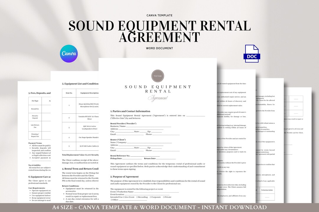 Sound Equipment Rental Agreement Template | Audio Gear Contract for ...