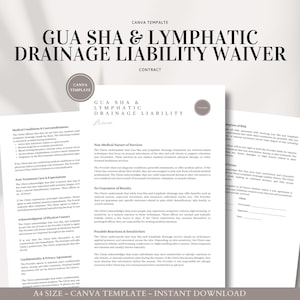 May include: A black and white printable document with the title "Gua Sha & Lymphatic Drainage Liability Waiver Contract". The document includes sections for "Medical Conditions & Contraindications", "Post Treatment Care & Expectations", "Acknowledgement of Physical Contact", "Confidentiality & Privacy Agreement", "Assumption of Risk", and "Terms".