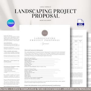 Peut inclure: Un modèle de proposition de projet d'aménagement paysager au format Word. Le document comprend des sections pour les détails du projet, les informations sur le client et les conditions de l'accord. La conception est épurée avec une palette de couleurs neutres.