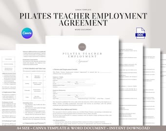 May include: A Pilates Teacher Employment Agreement template in a Word Document format. The document includes sections for employment details, position description, and compensation. The design is minimalist with a Canva logo and a document icon.
