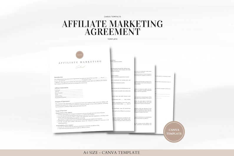 May include: A black and white document titled "Affiliate Marketing Agreement" with the text "Canva Template" at the top and bottom of the page. The document is divided into sections with headings such as "Introduction", "Affiliate Information", "Purpose of Agreement", and "Scope of Services".