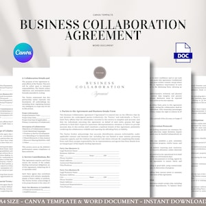May include: A business collaboration agreement template in a Word document format. The document features the title "Business Collaboration Agreement" in a bold, elegant font. The Canva and DOC logos are visible. The text includes details and sections for collaboration.