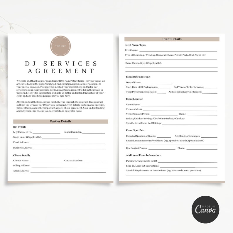 Professional DJ Services Contract Template Canva Customizable Agreement