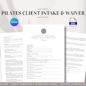 Pilates Client Intake Form Editable Liability Waiver Template Fitness Consent Form Studio Agreement Document