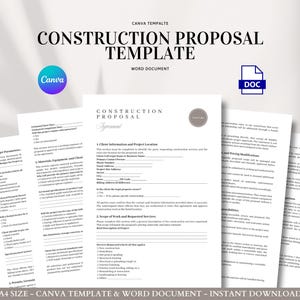 Construction Proposal Template Editable Client Contractor Agreement Scope of Work Budget Materials Timeline Residential Project Form