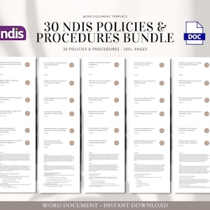 May include: A digital document bundle containing 30 NDIS policies and procedures, with over 100 pages. The title is in a bold, dark font, with the NDIS logo in purple. A DOC icon is visible in the upper right corner.