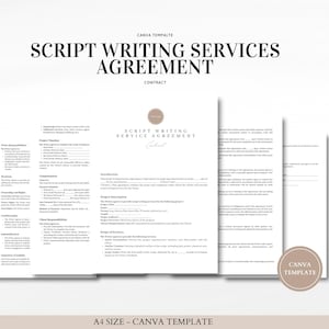Könnte beinhalten: Mehrere weiße Papierdokumente mit dem Text "SCRIPT WRITING SERVICES AGREEMENT" in Schwarz. Die Dokumente sind mit "CONTRACT" und "A4 SIZE - CANVA TEMPLATE" beschriftet. Ein kreisförmiges Logo mit dem Text "CANVA TEMPLATE" ist sichtbar.