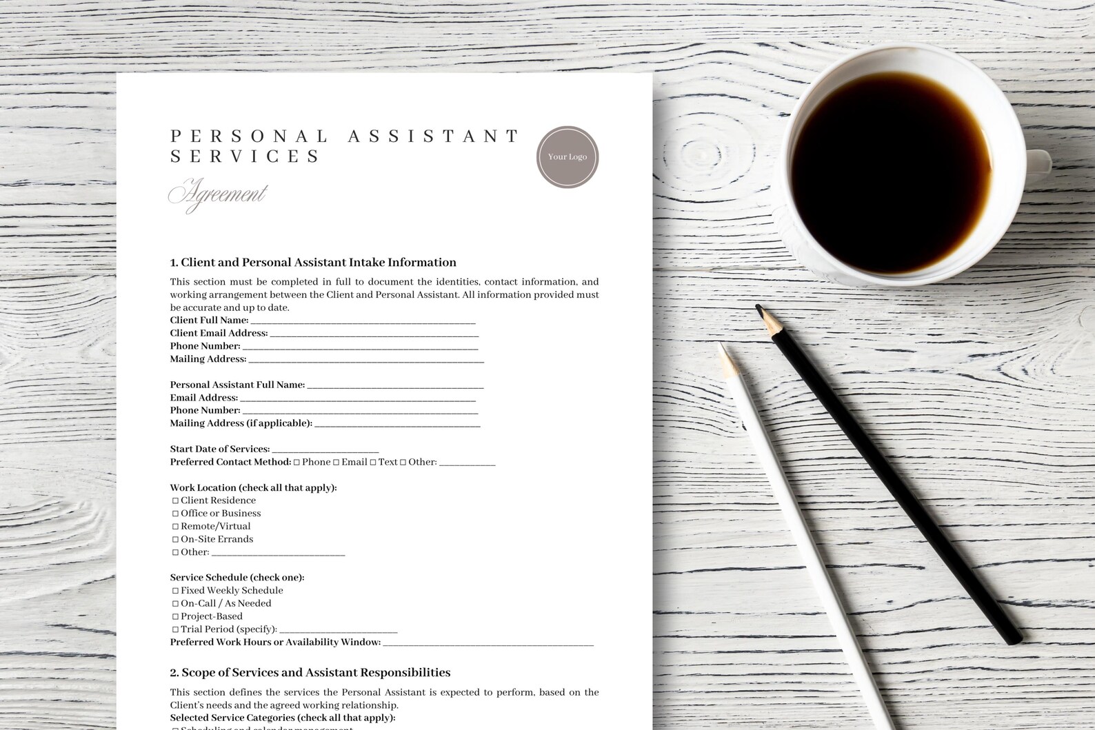 Personal Assistant Contract Template Editable Client Agreement Intake ...