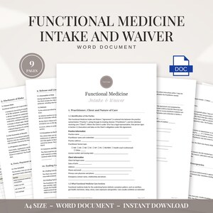 May include: A nine-page Functional Medicine Intake and Waiver document in A4 size. The white pages feature black text, including sections for practitioner and client information, health history, and risk disclosures, presented as a Word document.