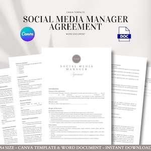 Social Media Manager Contract Template Canva and Word | Editable Agreement for Content Creation, Client Services, and Monthly Retainers