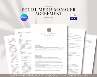 Social Media Manager Contract Template Canva and Word | Editable Agreement for Content Creation, Client Services, and Monthly Retainers