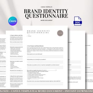 May include: A stack of white paper documents with the title "BRAND IDENTITY QUESTIONNAIRE" in black text. The Canva logo is in the upper left corner. A blue DOC icon is in the upper right corner. The text "A4 SIZE - CANVA TEMPLATE & WORD DOCUMENT - INSTANT DOWNLOAD" is at the bottom.