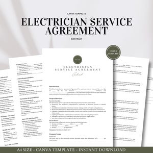 May include: A black and white printable electrician service agreement contract template for Canva. The document includes sections for project milestones, client responsibilities, electrician responsibilities, warranties and repairs, materials and supplies, payment terms, and more.