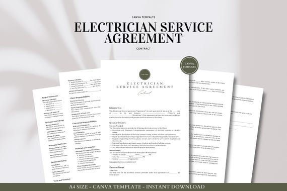 Electrician Service Agreement Canva Template - Professional Contract for Residential and Commercial Electrical Services, Wiring