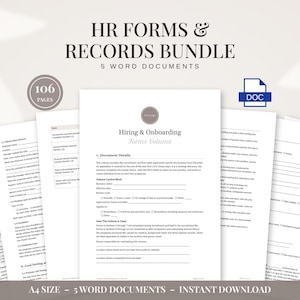May include: A digital bundle of HR forms and records containing 106 pages across 5 Word documents. The central document is titled Hiring & Onboarding Forms Volume. The text includes Document Details, Volume Control Block, and How This Volume Is Used.